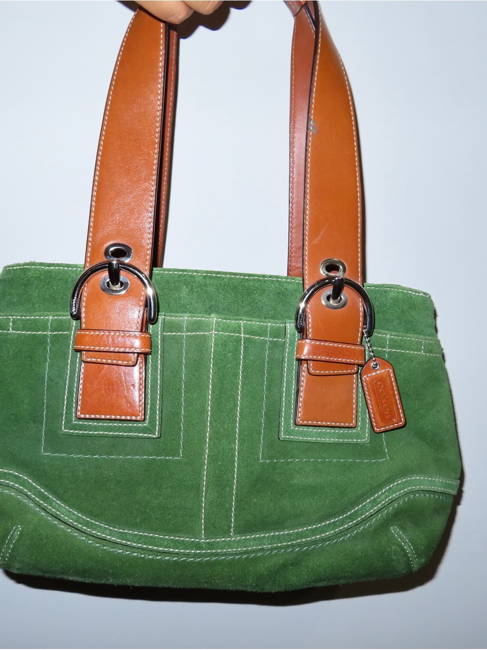 Coach Green Suede Shoulder Bag with Tan Leather Straps